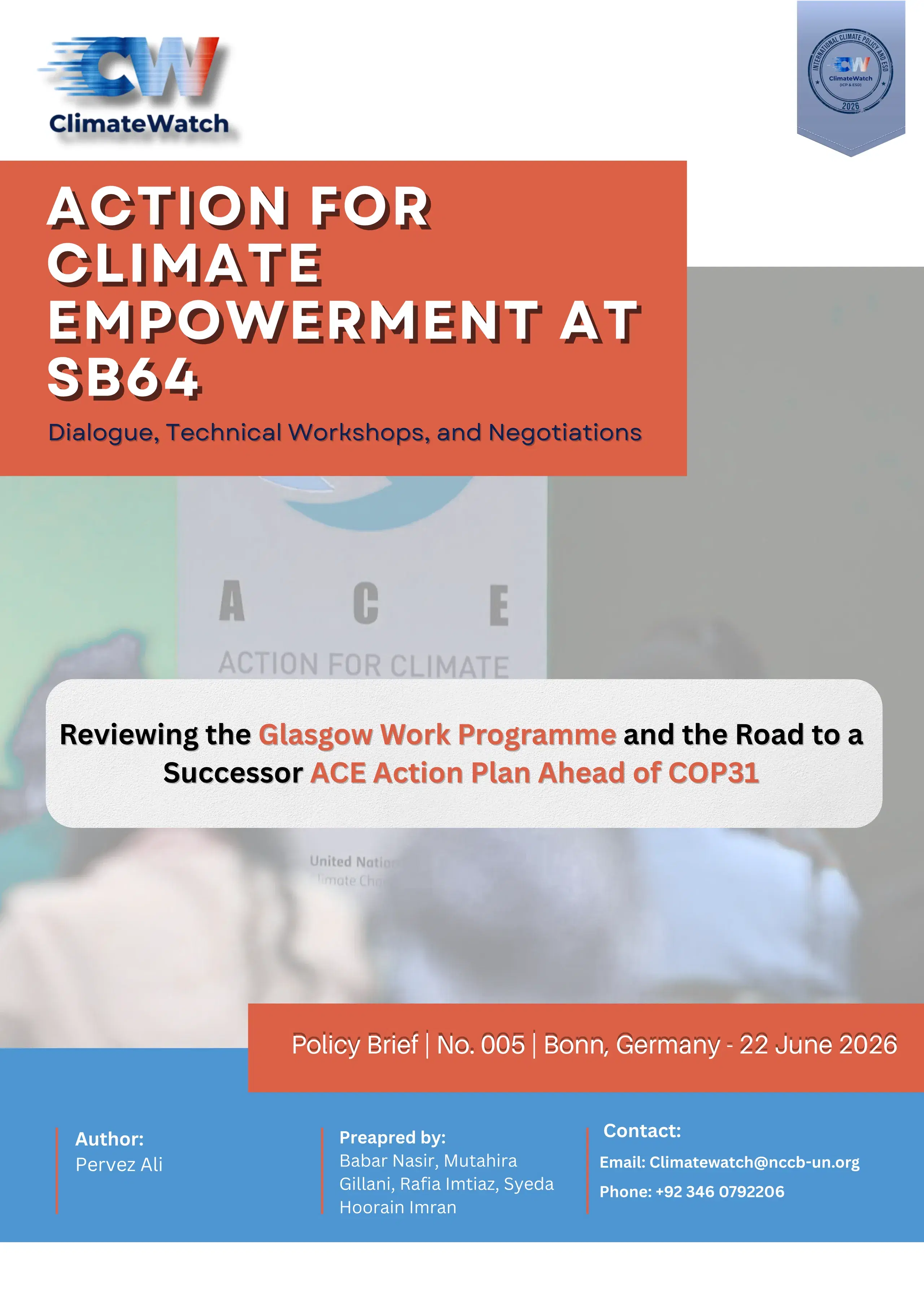 Cover of ACE at the SB64, a ClimateWatch policy report on Action for Climate Empowerment in Bonn.