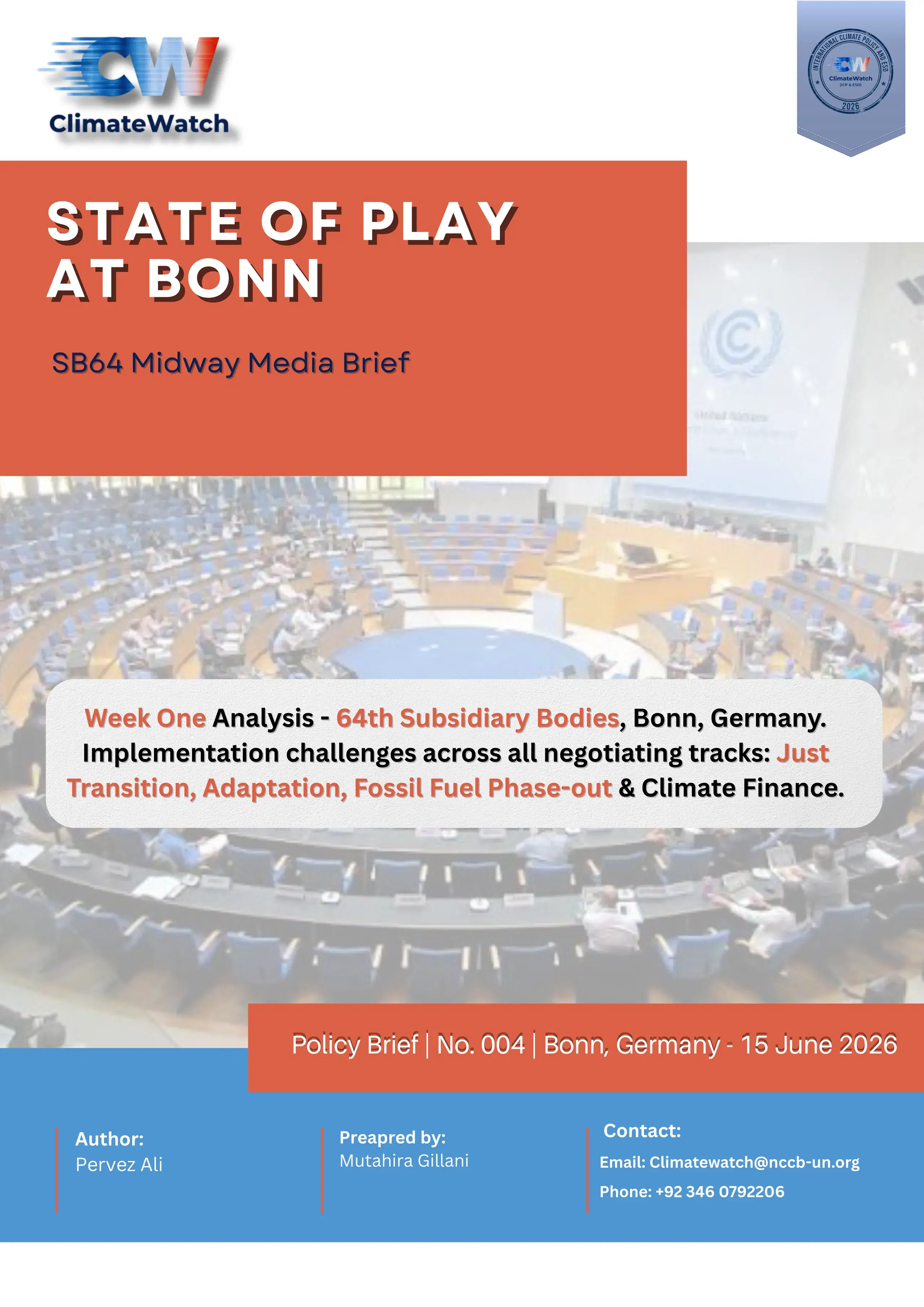 Cover of State of Play at Bonn, the ClimateWatch SB64 midway media brief.